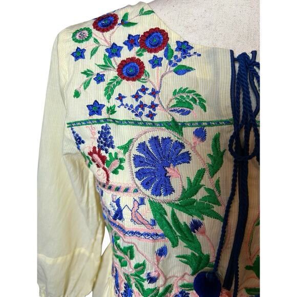 Ethnic by Outfitters Embroidered Floral Dress Yellow Pinstripe XS Boho Peasant - Picture 6 of 8